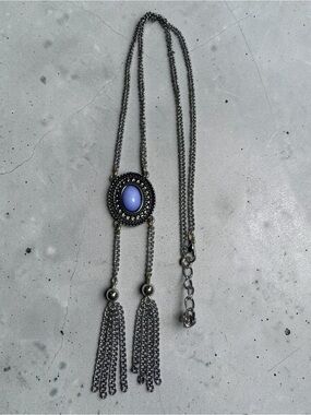 Silver-Tone Necklace with Lavender Oval Stone and Tassel Details